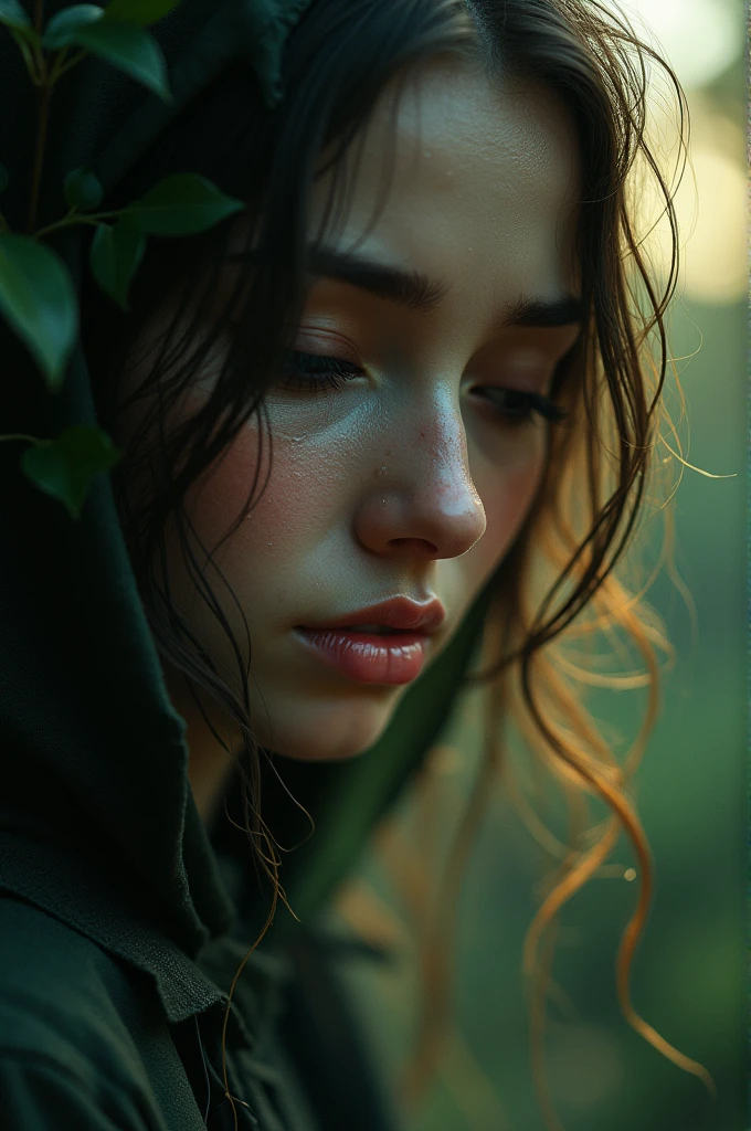 photo naturel de visage de mere nature qui se cache aux yeux des hommes, qualité hyper detail,ambiance mystique, fond floue,late evening light, ::ar 3/4,close up of mother nature crying mixed with rain running down her face