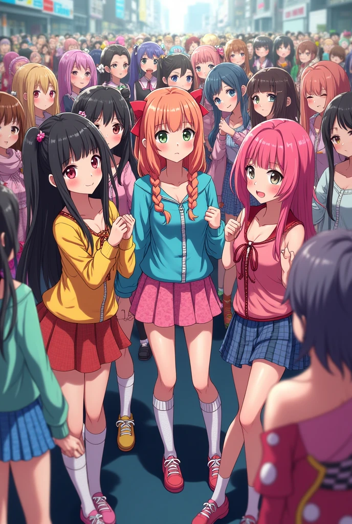 7,000 anime girls with long hair wearing colorful hirajuku, wearing colorful very short skirts, colorful very long socks, and colorful hirajuku, and 7,000 anime girls with long hair wearing colorful hirajuku, wearing colorful very short skirts, colorful very long socks, and colorful hirajuku, stand in close contact with each other, smile slightly, take off their shoes, and take a group photo with their bodies facing forward.