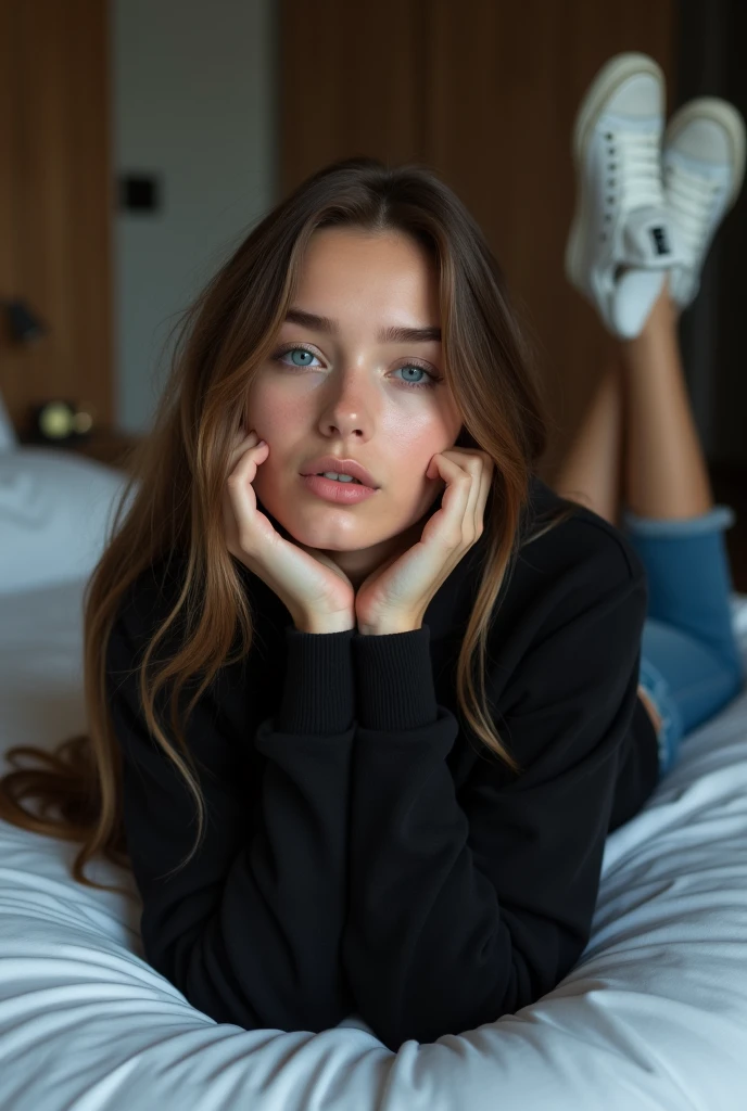 beautiful European girl with blue eyes and brown hair, she's lying on her bed with her arms fully extended, she's wearing a black hoodie, she's wearing white sneakers and white jeans, ultra High resolution, (fotorrealista: 1. 4), High resolution, (finely detailed skin), (blue eyes), (perfect proportions) (realistic photos) (masterpiece) (fotorrealista), ultra-realistic (Best quality) (detailed) photographed with a Canon EOS R5, 50mm lens, f/2.8, (8k) (Wallpaper) (cinematic lighting) (dramatic lighting) (complex) mode. She's in a luxurious, modern room.