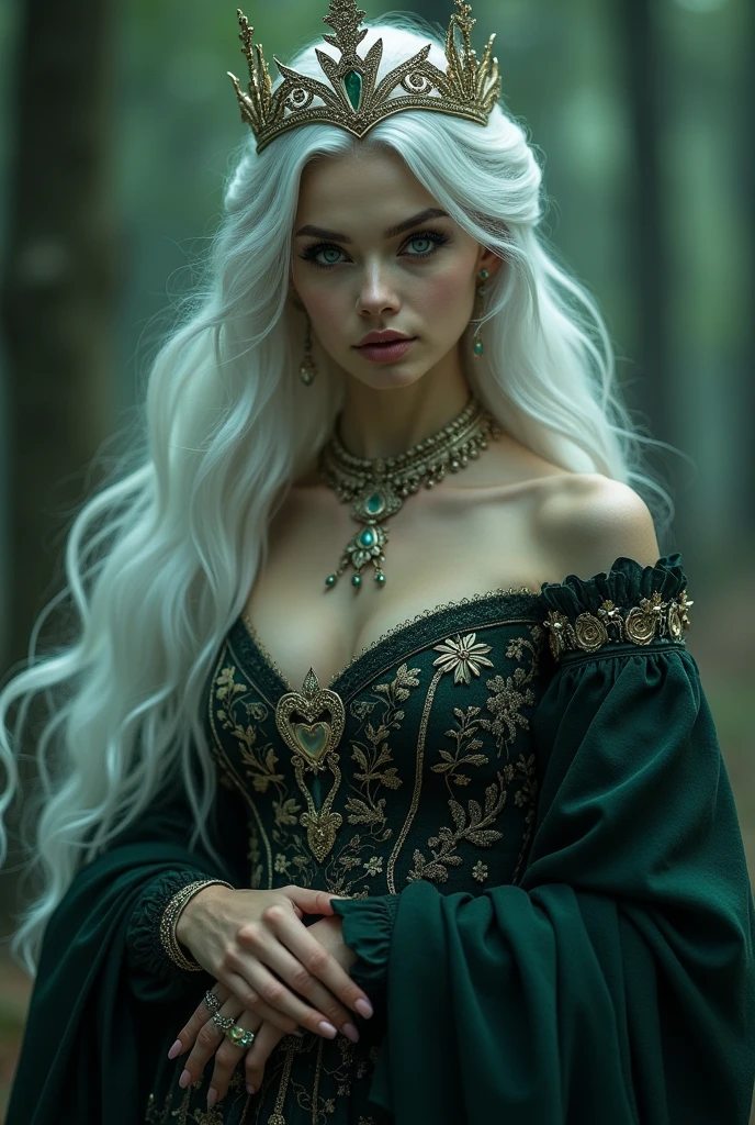 - **General appearance:** Glaistig Uaine is a young woman with an ethereal and supernatural appearance.. Her clothing is reminiscent of a queen or a fairy entity., often associated with medieval or renaissance style clothing.
- **CLOTHES:** She wears a long, flowing dress, with dark tones, like black the dark green, decorated with intricate patterns that reflect its connection to the mystical and magical. It can have gold or silver details..
- **Hair and eyes:** has long hair, fluid and loose, Possibly white or silver in color, that falls on your shoulders. Their eyes are piercing and can have an unearthly glow., like emerald green or deep blue.
- **Accessories:** You can wear a crown or tiara that reinforces your fairy queen appearance.. She could also have subtle jewelry and ornaments on her hands..
- **Position and expression:** Standing gracefully, transmitting authority and calm. Your expression should be enigmatic and serene., reflecting its connection to the supernatural.
- **Context:** A dark and mysterious environment, perhaps an enchanted forest or a scene with fog and shadows, that reinforces her aura of fairy queen.