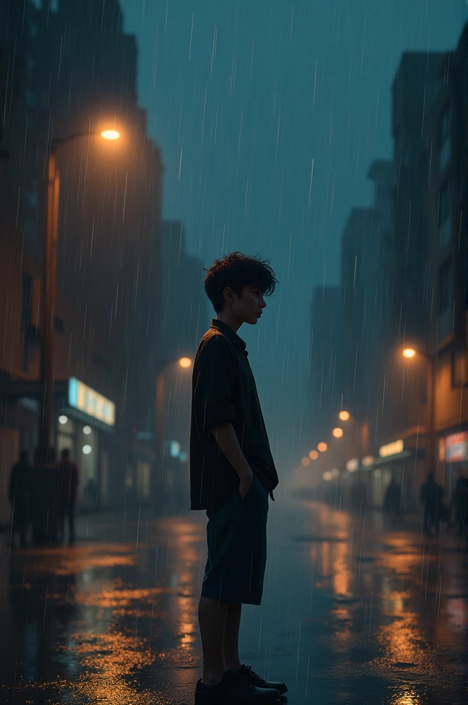 sad boy enjoy night rain with thunder