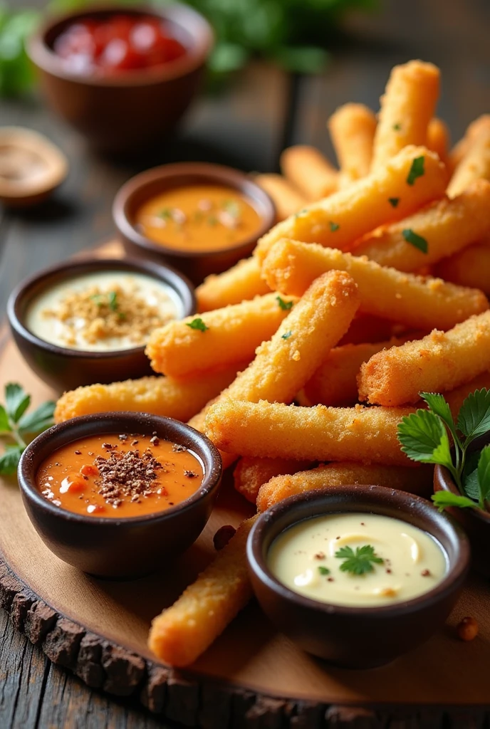 Delicious Potato sticks with dips and sauce 
