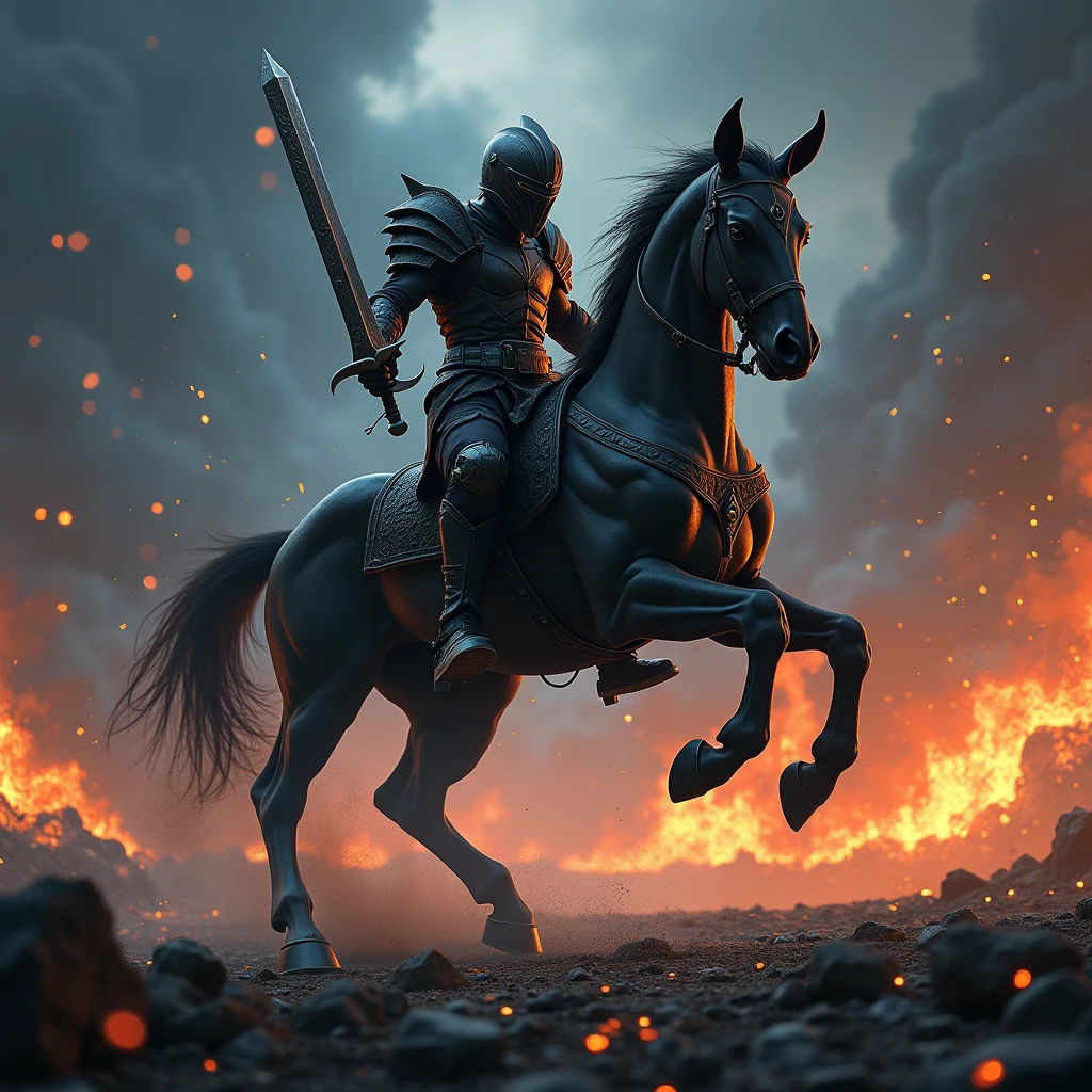 Centaur-type warrior、Black Armor、Bouncing Pose、sword shines、battlefield、sparks、inflammation、Backlight、Dark Night, (best quality, masterpiece, photorealistic), very aesthetic, perfect composition, intricate details, ultra-detailed, vivid colors