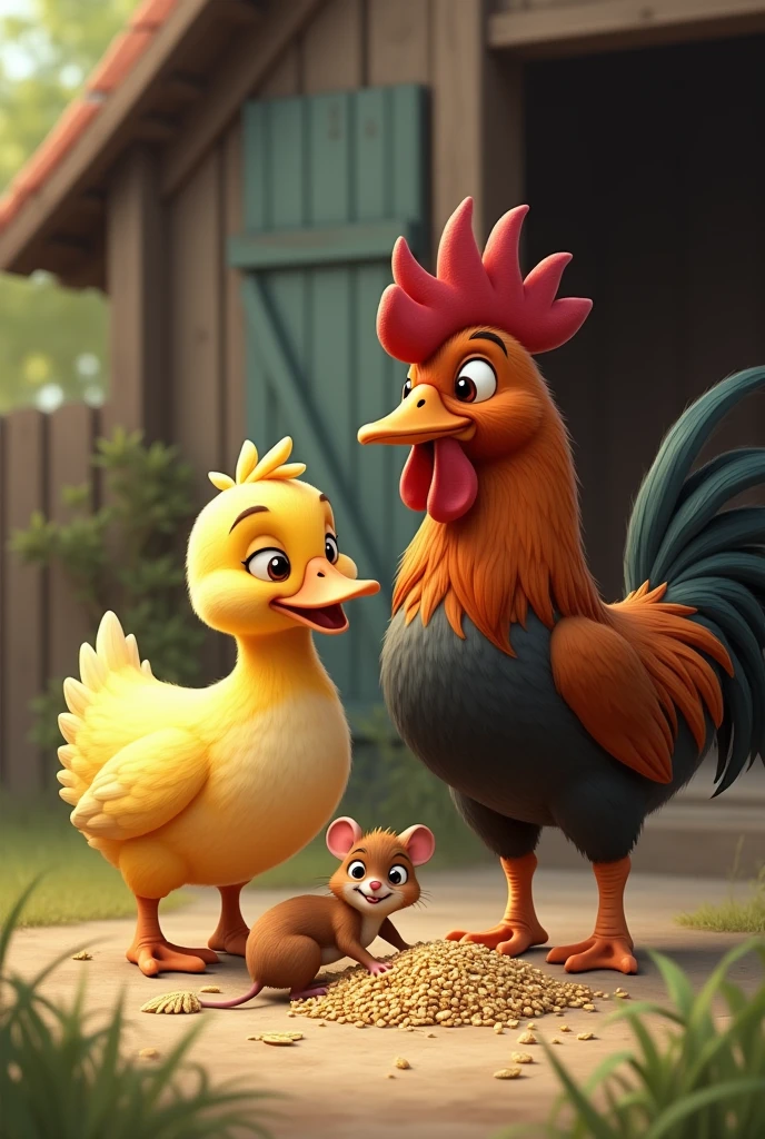 Generate an image of a yellow duck and a brown rooster friends with a little mouse outside the barn eating grains and seeds