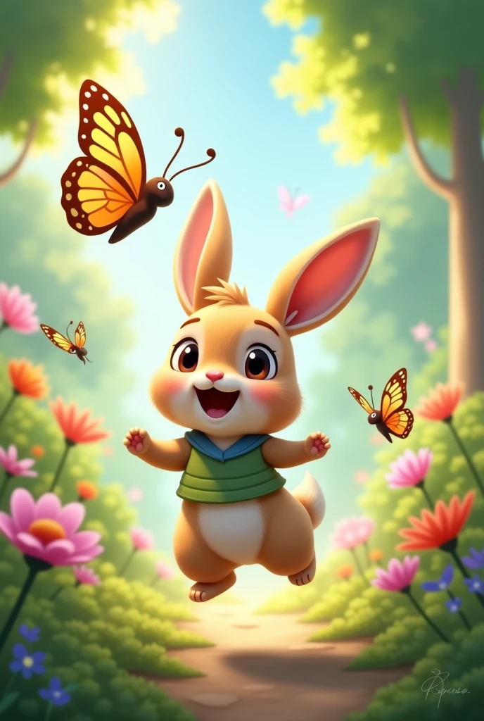 Forest exploration: Draw Coby and Luna exploring the forest together. You can show the rabbit hopping back and forth and the butterfly flying gracefully around.. They are surrounded by flowers, small animals and sunlight filtering through the trees.