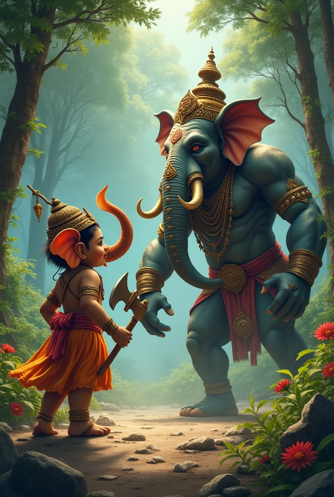 Prompt ai images"A young, vibrant Bal Ganesh, holding his axe (Parashu), confronts Gajmukhasur in a lush forest. Gajmukhasur appears confident, unaware of the challenge ahead"