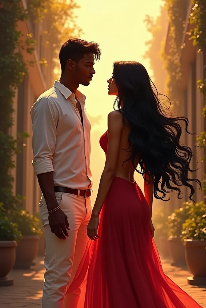 In this scene there is a man staring at a woman walking away from him outside.
The man is the scene is black, has brown skin, is wearing a white shirt and trousers, he is handsome.
The woman in the scene is black, honey brown skin, has long black hair, is dressed in an intricate short and sexy red dress.
