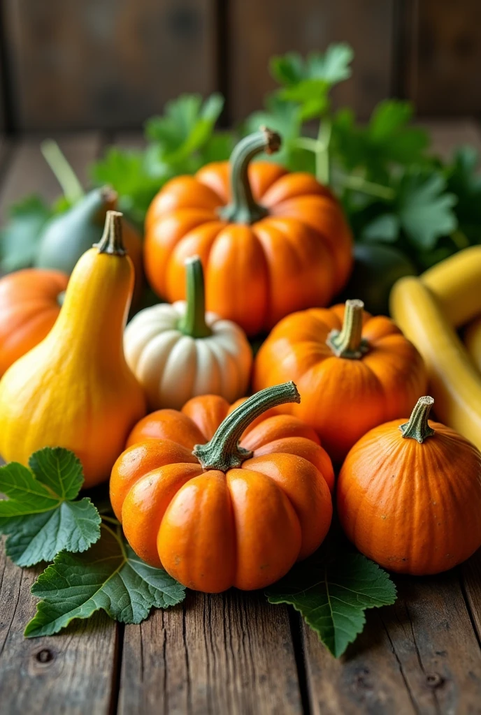 Close-up of a group of Cucurbitaceae with leaves on a wooden table. Leave more space on the wooden table.