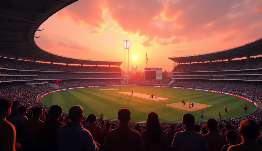 Cricket stadium  in evening time Reddish sunset audience  realistic 