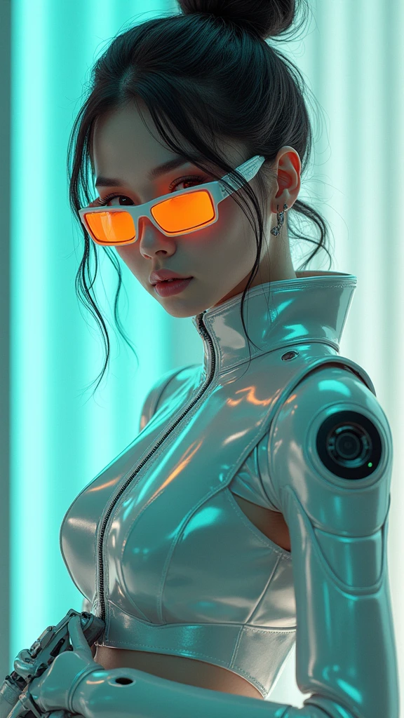 a beautiful young woman is wearing metal for the futurist, cyberpunk, futuristic technology, and girls holding weapons in dazzling colors, wearing science fiction glasses, in the style of yuumei, light turquoise and light silver, waist shot, 8k resolution, joong keun lee, tanya shatseva, light acade