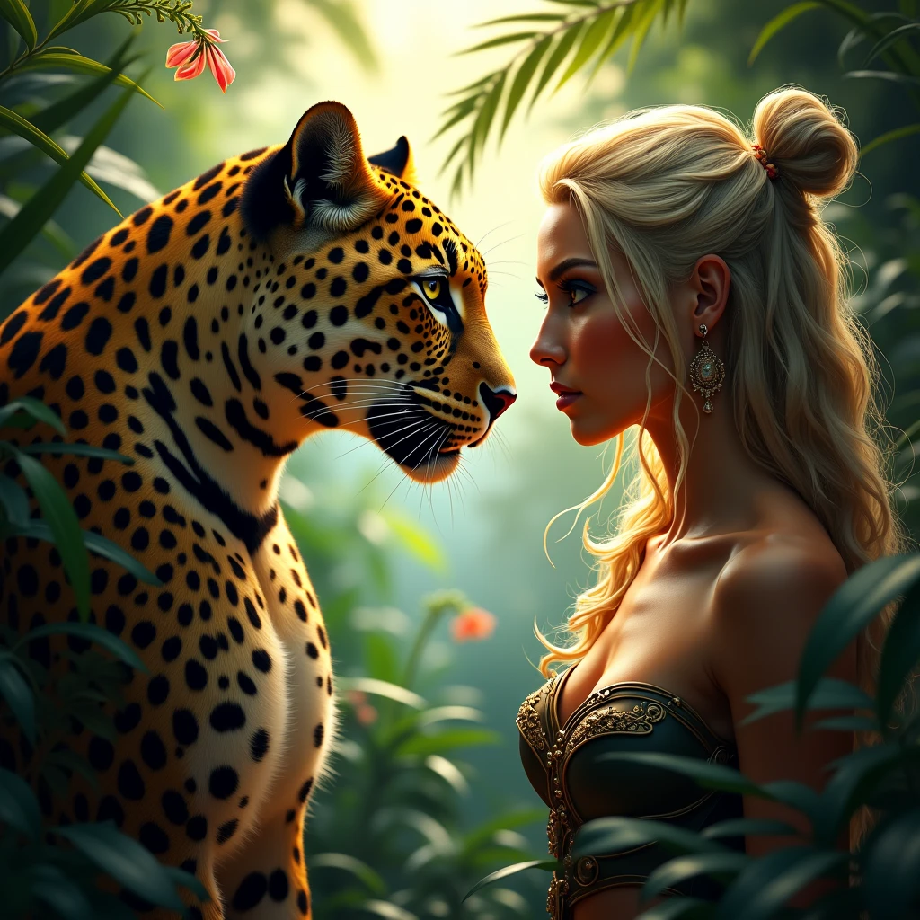 a leopard is posing with a blonde-haired amazon woman in the jungle, hyper realistic, 4k, 8k, detailed eyes, detailed lips, extremely detailed face and eyes, long eyelashes, beautiful detailed portrait, cinematic lighting, vibrant colors, dramatic shadows, lush tropical environment, dense foliage, exotic plants, detailed textures, photorealistic, highly detailed, masterpiece, award winning art