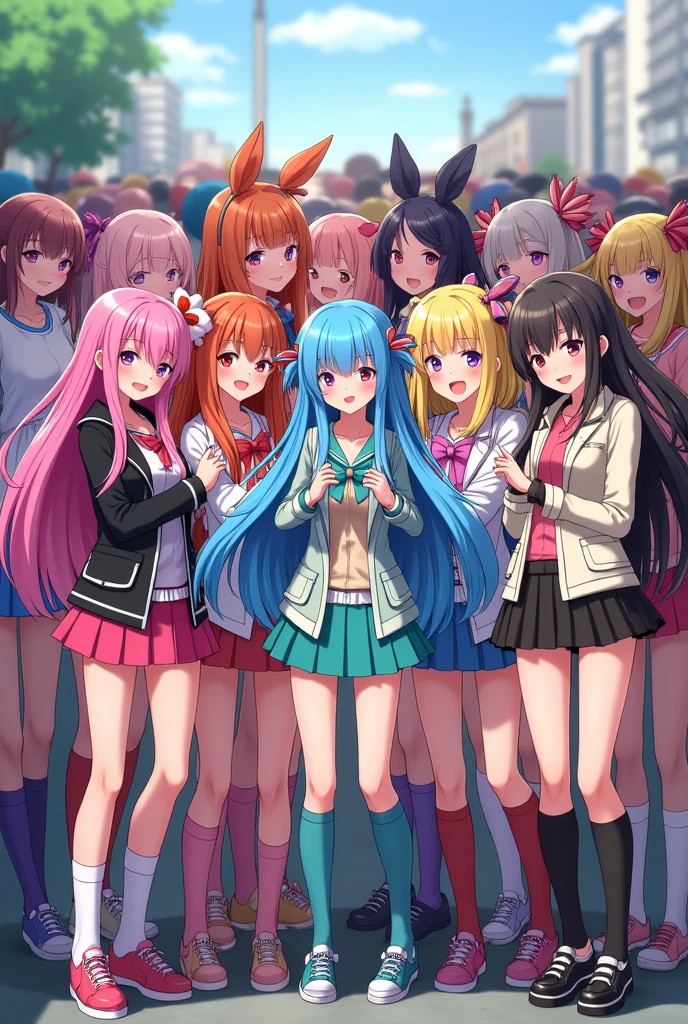 7,000 anime girls with long hair wearing colorful hirajuku, wearing colorful very short skirts, colorful very long socks, and colorful hirajuku. 7,000 anime girls with long hair wearing colorful hirajuku, wearing colorful very short skirts, and colorful very long socks. They take a group photo while holding each other very close, smiling slightly, and taking off their shoes so that their bodies are facing forward.