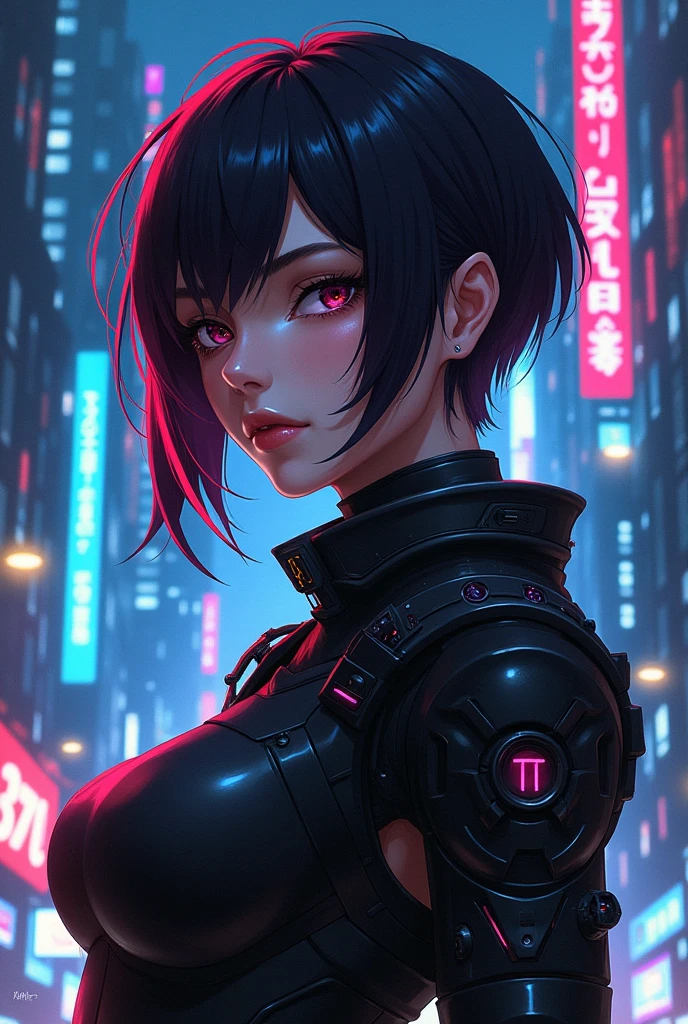A dark cyberpunk anime style woman sitting