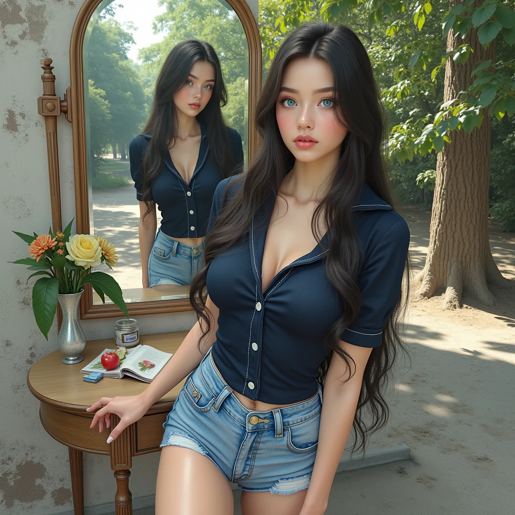 Ukrainian ager, blue colored eyes, ultra realistic 8k skin, Ukrainian-Latin Brazilian, false lean, thin neck, long black brown hair, big, bright blue eyes, sultry gaze, in front of the mirror, full body photo showing her from behind, with very thin and small panties, plug anal, voluminous breasts, delicate skin, round face of a virgin girl, very sensual body, poor prostitute, very big ass with anus plug, voluminous vagina, transparent panties, photo from two angles in front of the mirror and showing the entire body from behind, little princess feet and hands, princess face, ultra realistic dark blue eyes, big and perky ass, Latin American skin, pele realista 4k, swollen vagina, transparent panties, stuck in the panties