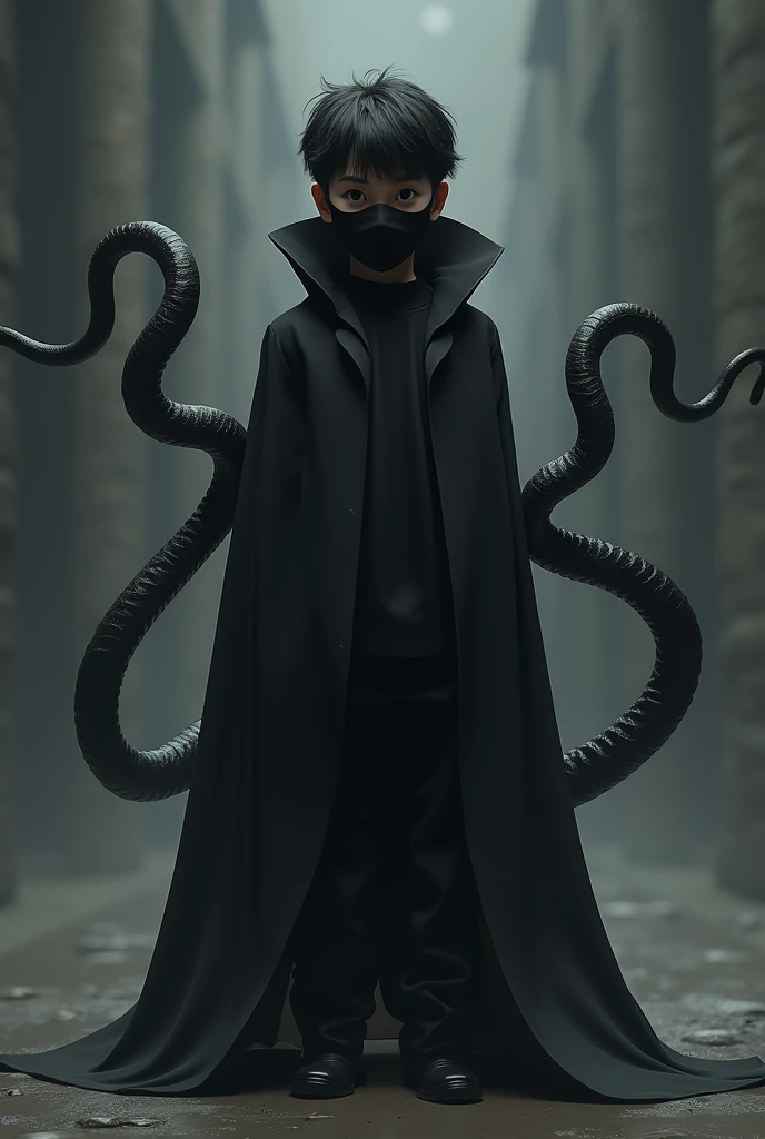 A cinematic medium shot of a dark fantasy A warrior man with an intricate long large tentacles coming out from entire body. The character's face is mostly concealed, leaving only a glimpse of their shadowed features. They wear a sleek, reflective shining Silver armor outfit with a unique octopus texture. The character is set against a soft lighting.