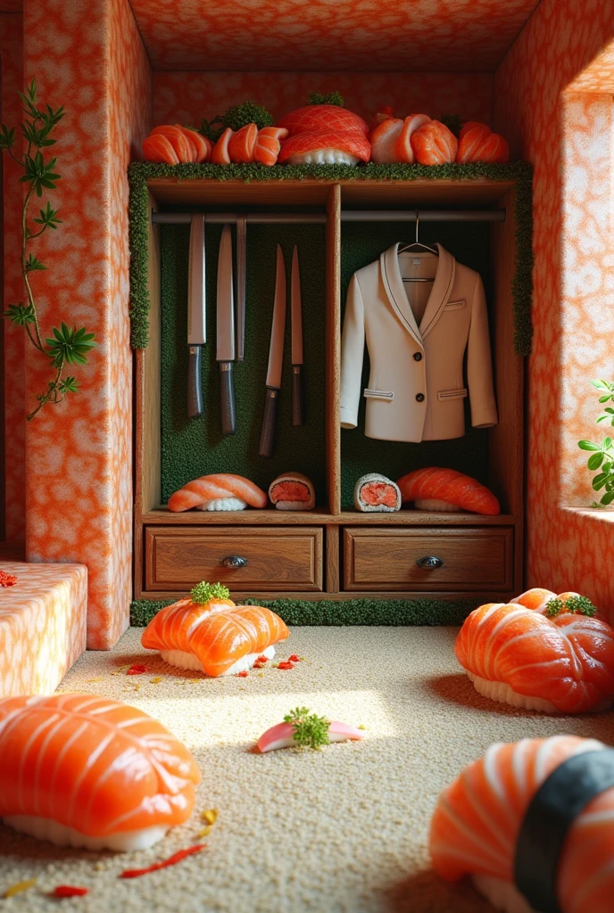((masterpiece, 8k, best quality, 8k, super realistic, high resolution:1.3)), fictional image, fictional room, all made of sushi, sushi world, came feito de cooked rice, covered is a sashimi. Cabinet made of seaweed, open cabinet, cabinet full of knives, closet with rice clothes, soft ground, rice floor, cooked rice.