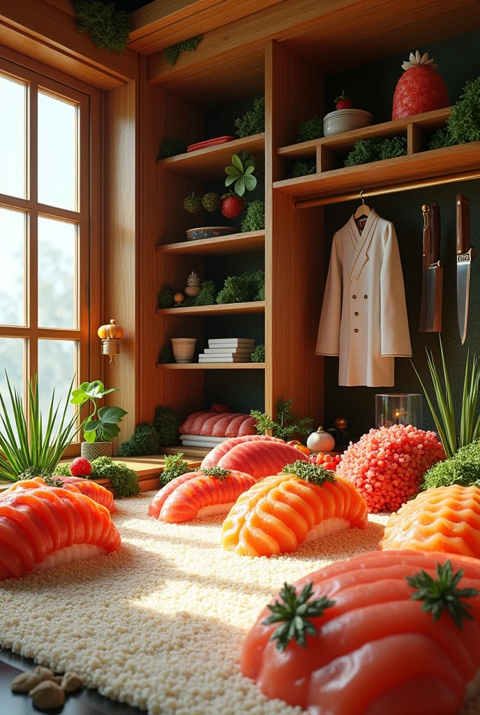 ((masterpiece, 8k, best quality, 8k, super realistic, high resolution:1.3)), fictional image, fictional room, all made of sushi, sushi world, came feito de cooked rice, covered is a sashimi. Cabinet made of seaweed, open cabinet, cabinet full of knives, closet with rice clothes, soft ground, rice floor, cooked rice.