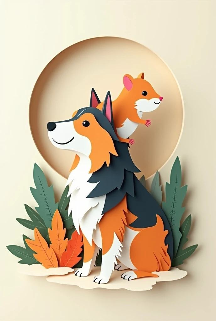 a hamster sitting on a tricolor collie, masterpiece, all in three dimensional paper art、(Almond Shapes);1.9、(Three-dimensional paper-cut art.、fullcolor):1.9