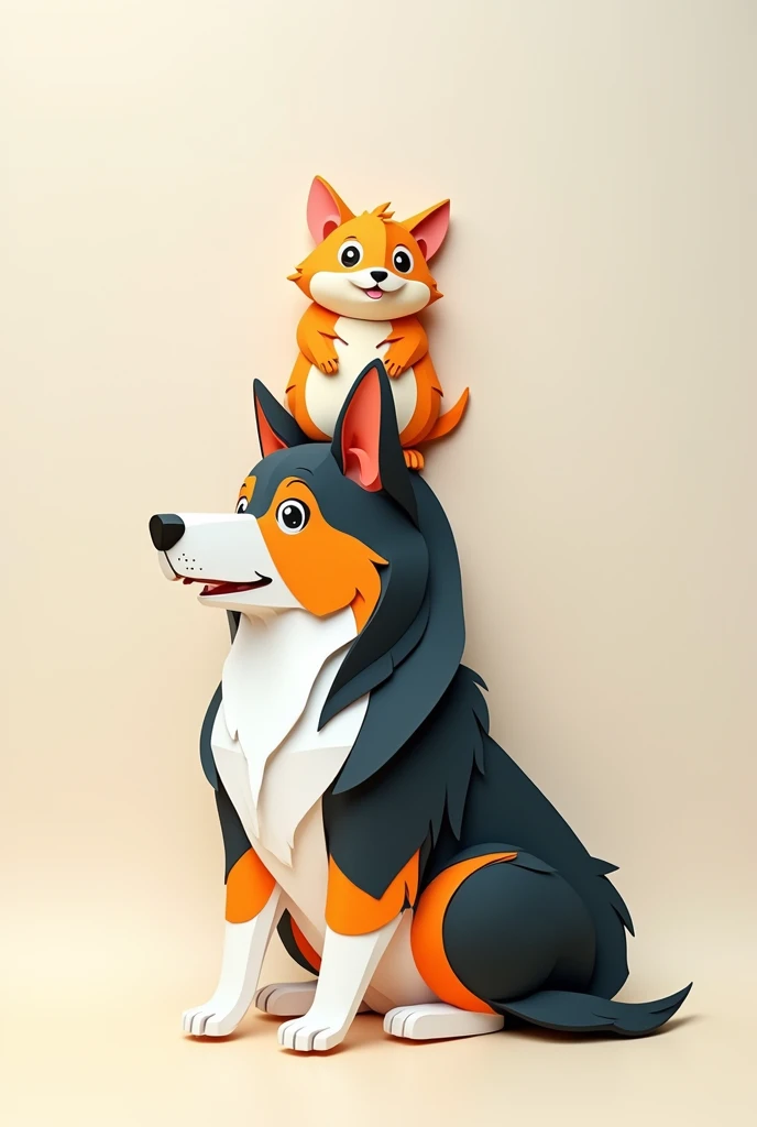 a hamster sitting on a tricolor collie, masterpiece, all in three dimensional paper art、(Almond Shapes);1.9、(Three-dimensional paper-cut art.、fullcolor):1.9