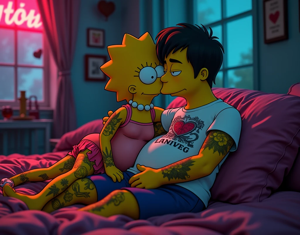 Lisa Simpson, punk and tattooed human. Milhause van Houten pregnant and human, with white t-shirt and tattoo, an image of Zack Snyder, tumblr, romanticism, filtered image, cyberpunk, without words 4k, without text, gothic art, cyberpunk comic, super high resolution, in a cinematic gothic film , cyberpunk style comics, Lisa sitting on Milhause's knees in love, 8K.