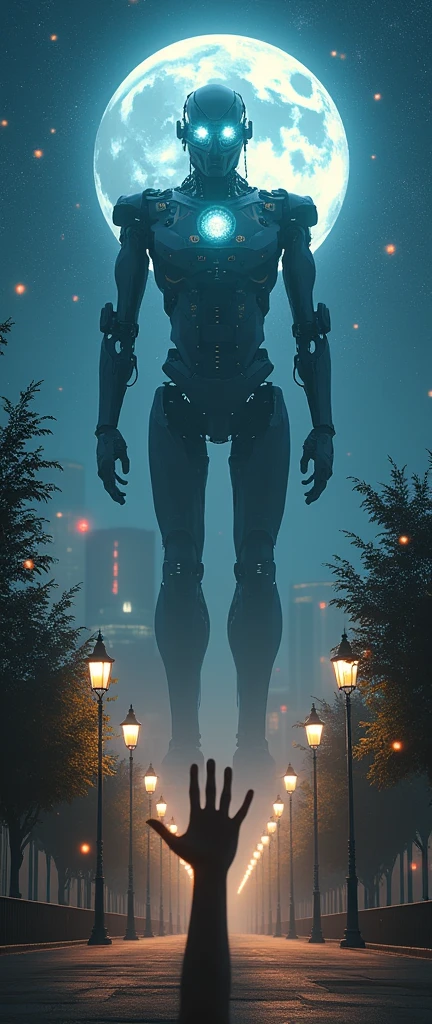 I'm on the street at night looking at the horizon, beyond the circle of the moon appears a faint outline of the face of a humanoid mechanical god, I can see his eyes shine like stars on the horizon, 32K, super realistico, life like, Real vision, every detail of the image is impressive, he's standing there staring with his bright eyes, I can see him from the chest up, starry sky of a peaceful night, tree-lined street, well lit street, light posts, He is a heavenly being, (marvel celestials:2.0), lens flare effect, he appears to have mechanical and robotic aspects, he has objects orbiting his presence, some lights shine in bright, vibrant colors, the moon covers part of it and it is much bigger than it, I see my hand and try to cover some strong lights, illuminated city with buildings and buildings