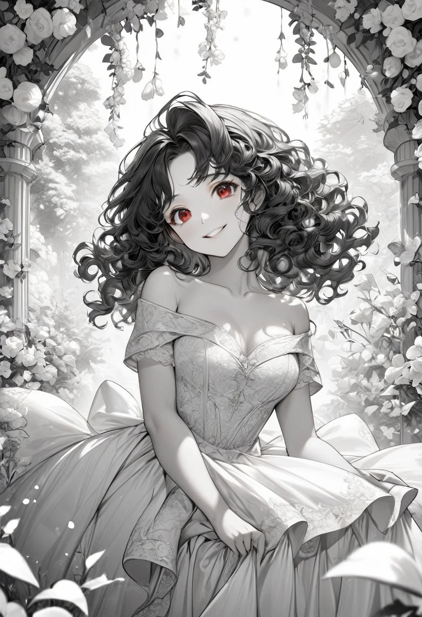 ((monochrome style)), (15 yo) (beautiful curly:1.3) (beautiful detailed black hair long hair), (immensely beautiful lovely girl) (best lovely red eyes) (happy smile) (medium tits), in a detailed beautiful white best quality princess dress, break, in the white and black garden, background beautiful white sky, BREAK, 16k, masterpiece, best quality, immensely detailed monochrome,.