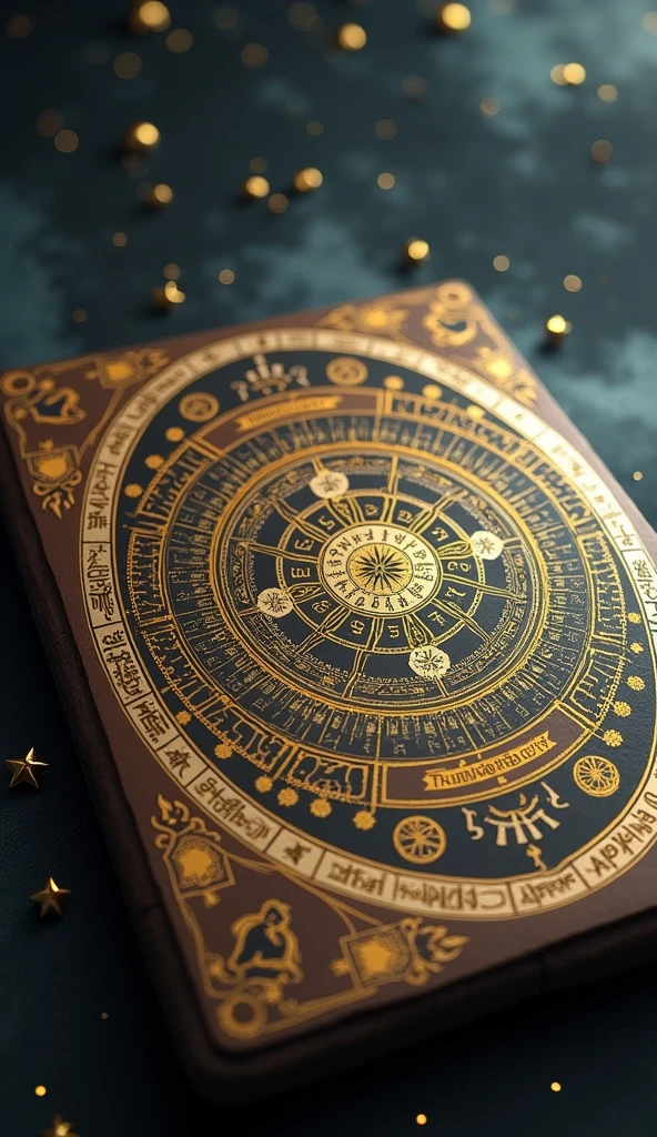 (Ultrarealistic 8k Image, improves quality) The Sacred Calendar of Enoch "Create an image of an ancient sacred calendar with a celestial background. Display a detailed and ornate calendar, with mystical symbols and sacred numbers. Add a starry and foggy sky background, with soft light illuminating the calendar to convey a sense of reverence and mystery."