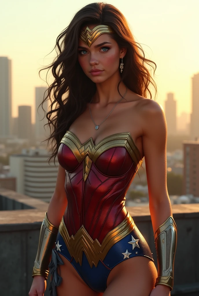 a teenage girl with blue eyes and brown hair in a wet leotard suit of wonder woman, standing on a roof under sunlight, slight cameltoe and nips through the leotard, in battle stand, sweaty