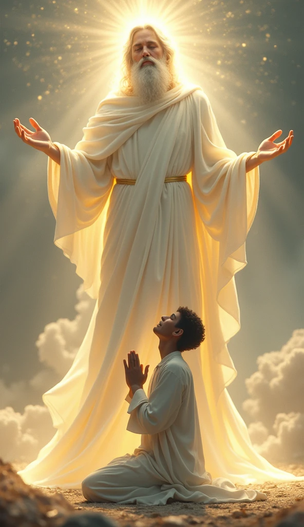 Image characters : A young man age 25 and God in white dress 
Image characters position: young man prayer 
and God bless him 
A young man whose prayer with hands  God,and also god bless him from God's hands to young man 