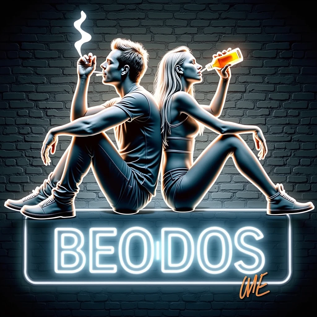 create a neon style nightclub sign with a man sitting on the floor happy smoking a cigarette next to a happy woman sitting on the floor drinking a bottle of whiskey, back to back, texas "BEODOS", white blurred edge