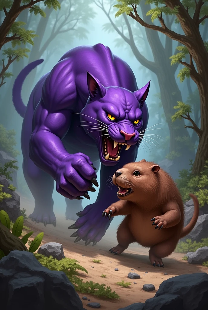 Make me a purple panther attacking a capybara