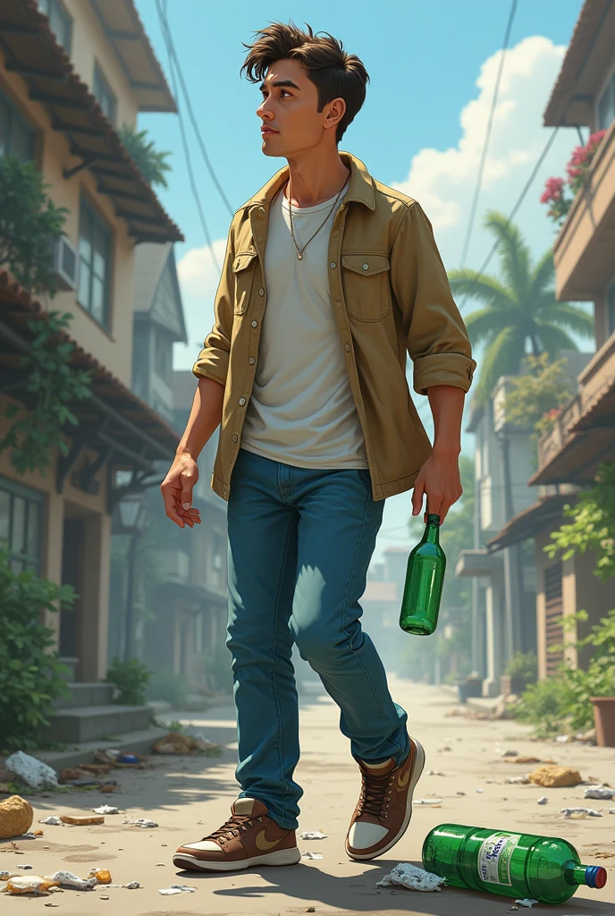 A man while walking throws an empty bottle on the ground without worrying that it is contaminated 
