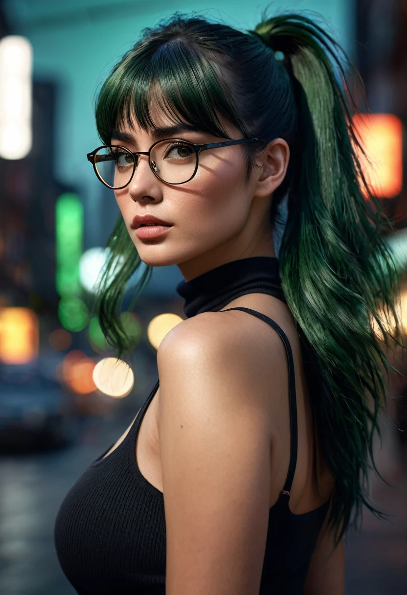 1 woman, inside a city at night, wearing a black sleeveless turtleneck; (female brown eyes), detailed fair skin, large breasts, dark green hair with bangs in a ponytail, defined female body, dramatic lighting, cinematic composition, wearing prescription glasses, dark palette, dark colors, atmospheric haze, thin chin, soft face, serious face, beautiful woman, adult woman, ultra realistic, adult woman (best quality, 4K, 8K, high resolution, artwork: 1.2), ultra detailed; serious face, strong woman, (realistic, photorealistic, photorealistic: 1.37)(((a woman with dark green hair and messy bangs and her hair in a ponytail 1.7)))(((very beautiful))), perfect face, dark and cool palette, 8K, glossy lips, extremely detailed (high quality, realistic, photorealistic: 1.37), ideal proportions and detailed skin and defined and meticulously crafted features, unapproachable beauty, perfection, art, vivid realism, hyper-detailed sculpting, realistic shapes, truly inspiring, impeccable craftsmanship, serious facial expression, pure brilliance, ethereal beauty, delicate contours, striking poses, sublime beauty, subtle nuances, dynamic compositions, vibrant colors, perfect lighting, moving expressions, heavenly aura, majestic presence, dreamlike atmosphere, unmatched high level of detail, high octane rendering in artstation, 8k art photography, photorealistic concept art, cinematic soft natural light volumetric, chiaroscuro, f