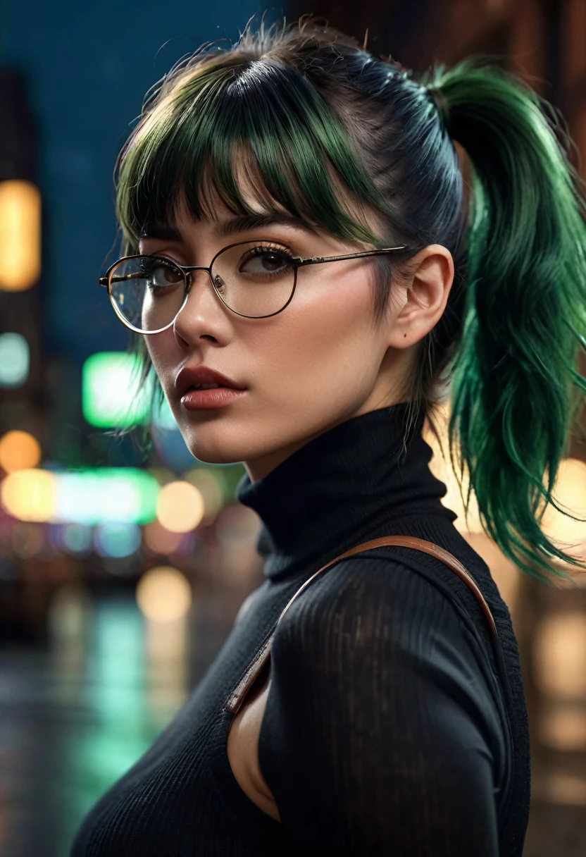 1 woman, inside a city at night, wearing a black sleeveless turtleneck; (female brown eyes), detailed fair skin, large breasts, dark green hair with bangs in a ponytail, defined female body, dramatic lighting, cinematic composition, wearing prescription glasses, dark palette, dark colors, atmospheric haze, thin chin, soft face, serious face, beautiful woman, adult woman, ultra realistic, adult woman (best quality, 4K, 8K, high resolution, artwork: 1.2), ultra detailed; serious face, strong woman, (realistic, photorealistic, photorealistic: 1.37)(((a woman with dark green hair and messy bangs and her hair in a ponytail 1.7)))(((very beautiful))), perfect face, dark and cool palette, 8K, glossy lips, extremely detailed (high quality, realistic, photorealistic: 1.37), ideal proportions and detailed skin and defined and meticulously crafted features, unapproachable beauty, perfection, art, vivid realism, hyper-detailed sculpting, realistic shapes, truly inspiring, impeccable craftsmanship, serious facial expression, pure brilliance, ethereal beauty, delicate contours, striking poses, sublime beauty, subtle nuances, dynamic compositions, vibrant colors, perfect lighting, moving expressions, heavenly aura, majestic presence, dreamlike atmosphere, unmatched high level of detail, high octane rendering in artstation, 8k art photography, photorealistic concept art, cinematic soft natural light volumetric, chiaroscuro, f