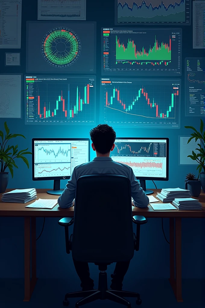 Concept 4: A Solitary Figure Analyzing Data
Image: A person sitting at a desk, surrounded by charts, graphs, and computers, deeply engrossed in analysis.
Symbolism: This image emphasizes the importance of independent research and analysis in trading.