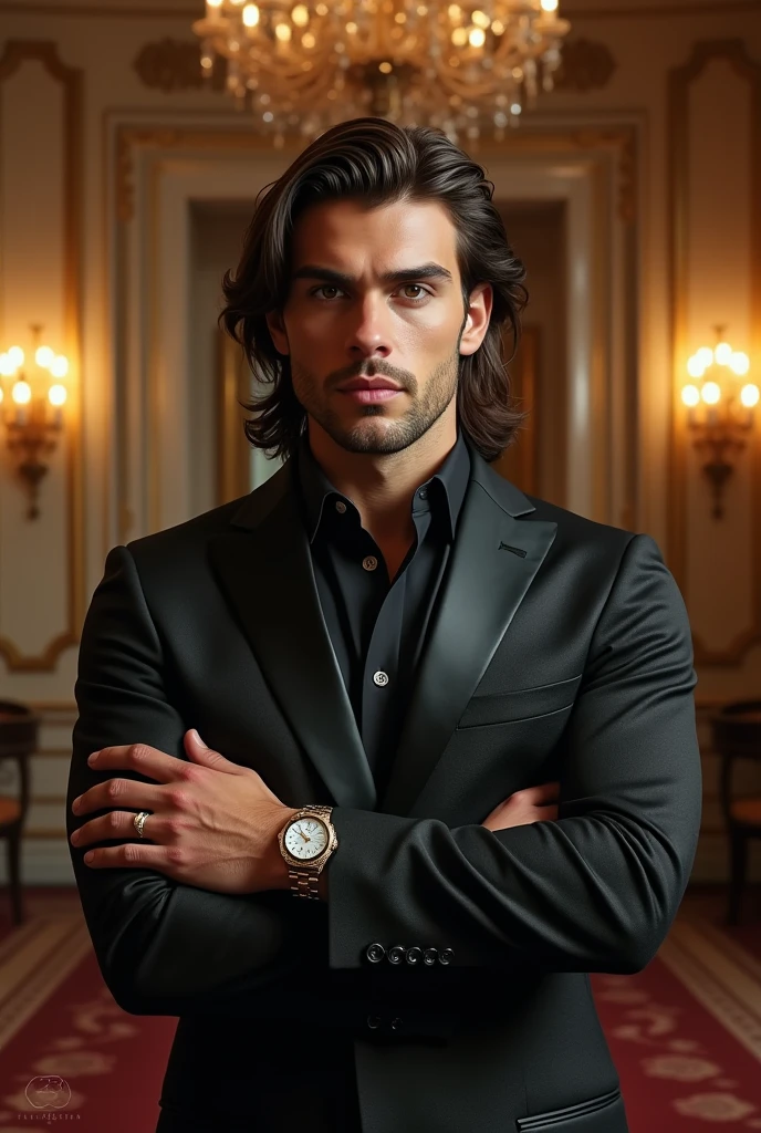 Create a young 1 man and he is billionaire and the king in the world. The boy clothes about 500 billion dollars sut .
In realistic . Man hair is long. Man hand about 200 million dollars watch