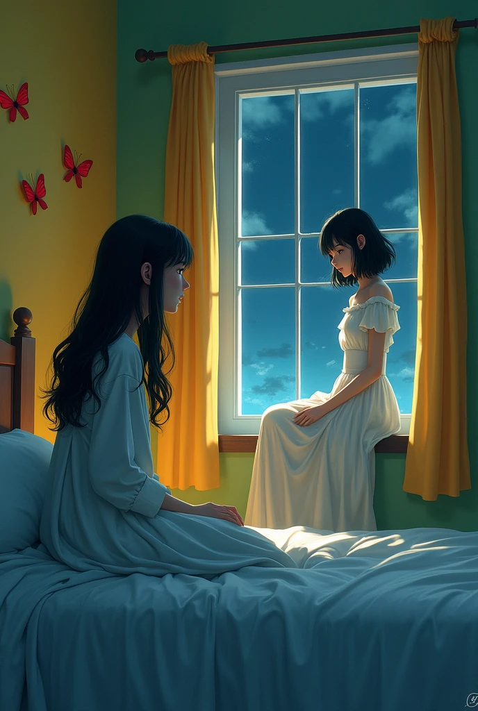 There is a room and a bed in the room, a window left side of the bed, a 18 years girl in black hair white dress sitting on the window, a 18 years boy sitting in the bed,  and the background wall is in yellow and painted some red butterfly over the wall, other wall of the room is seagreen color, they are smiling, and the time is night, the girl is actually dead but she came all way along to meet her friend for the last time, 