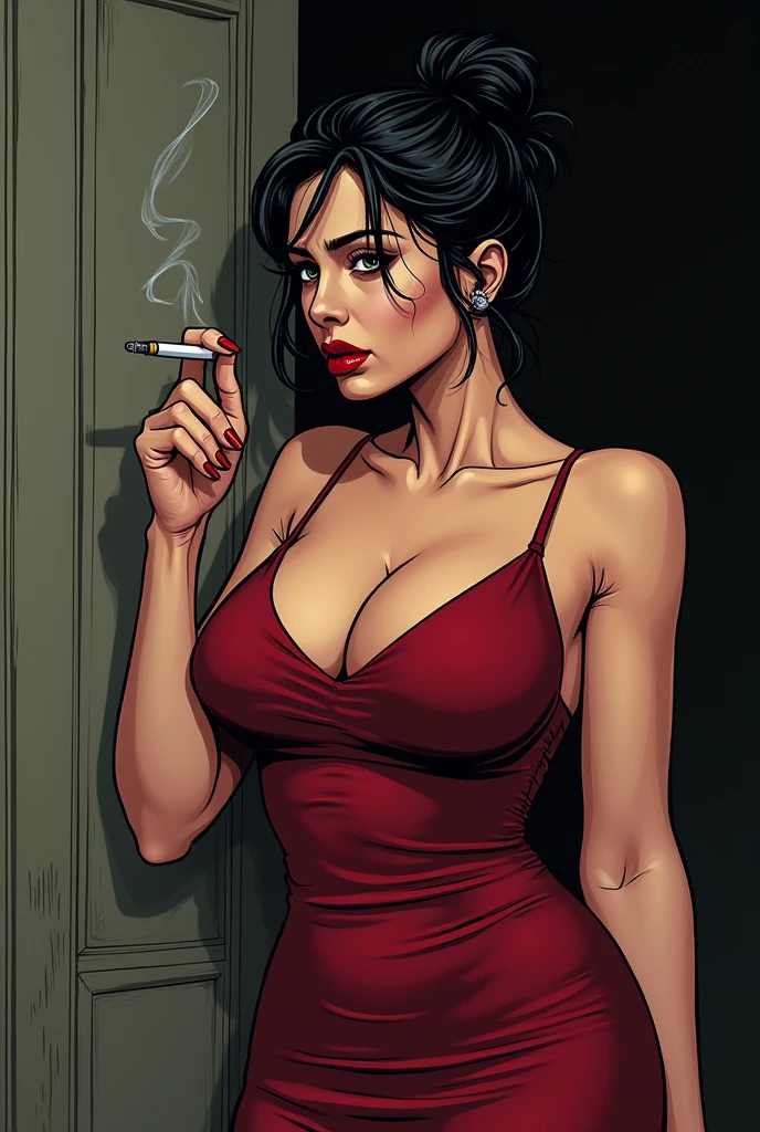 Image in comic book form, drawning,  of a woman in a dark red dress that fits tightly on her not-so-thin body, black hair tied up with just a lock of hair on the face, your age range is 45 years, your long red nails, with cigarette between fingers, your sad face and sad eyes