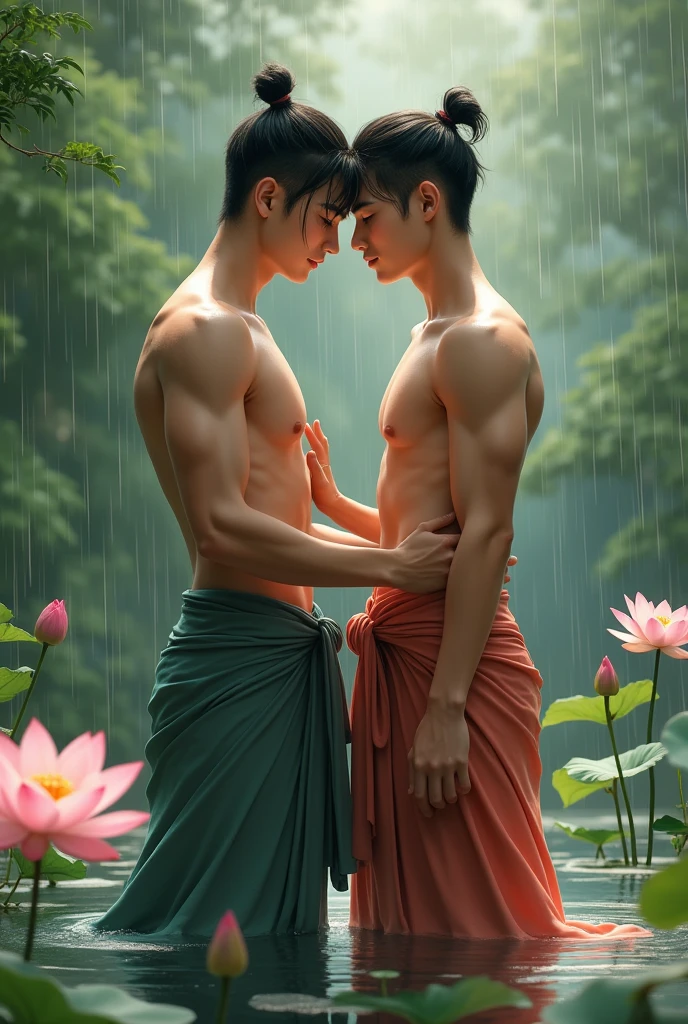 Two slim attractive Asian male agers dress in native sarongs touching each other's butts while in the lotus lake at rain falling time
