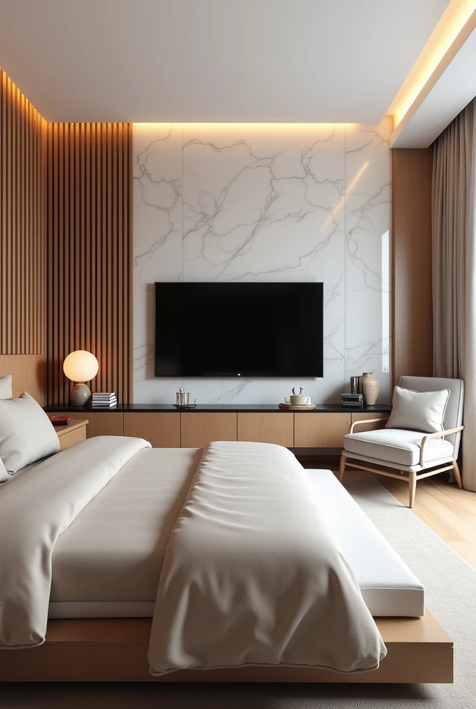 Create an image of a contemporary and cozy master bedroom, with a neutral color palette and high quality materials. The room is dominated by a wooden wall at the head of the bed, composed of vertical slats that add texture and sophistication to the space. The bed is big, with light beige upholstery, complemented by sheets and blankets in soft shades of beige and gray. Beside the bed, a floating wooden nightstand with a minimalist design supports a rounded cream-colored table lamp, with some books stacked on the side.The wall opposite the bed is covered in white marble with gray veins., where a large flat screen television is mounted. Below the TV, there is a floating wooden sideboard with black glass surface, decorated with subtle objects, like a small sculpture and a tray. To the right of the bed, a light gray upholstered reading chair sits near the window, which is covered by elegant beige curtains, allowing the soft entry of natural light. The ceiling is modern, with built-in lighting in straight lines, criando um ambiente acolhedor e relaxante