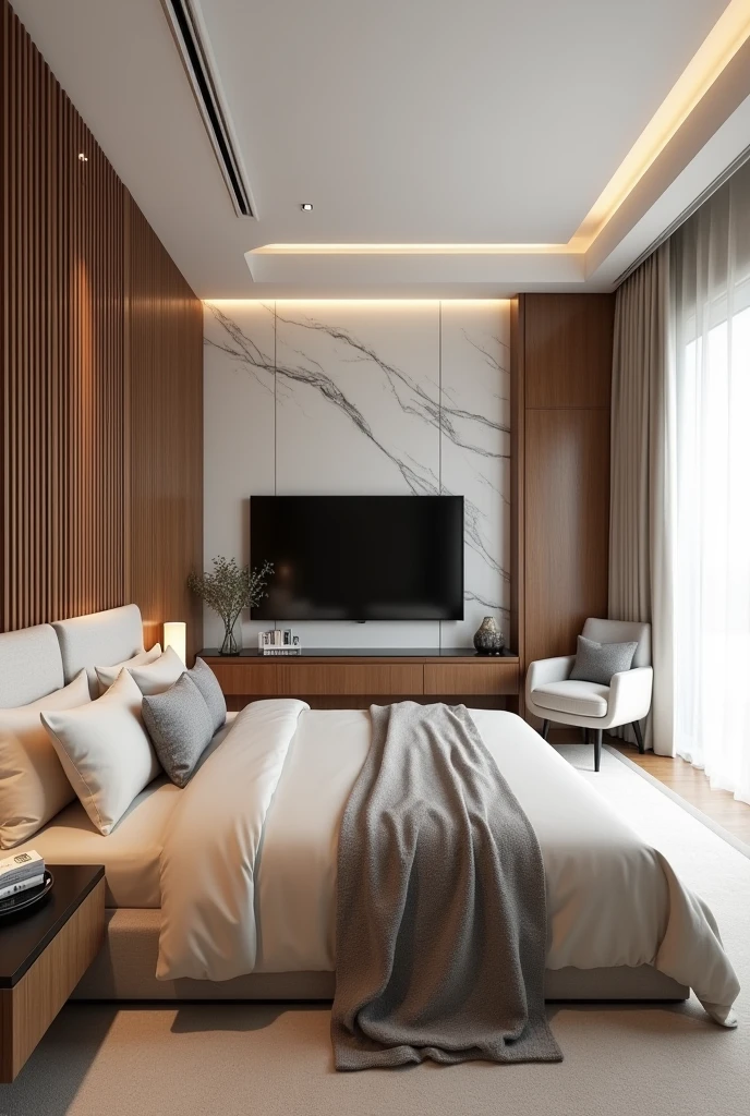 Create an image of a contemporary and cozy master bedroom, with a neutral color palette and high quality materials. The room is dominated by a wooden wall at the head of the bed, composed of vertical slats that add texture and sophistication to the space. The bed is big, with light beige upholstery, complemented by sheets and blankets in soft shades of beige and gray. Beside the bed, a floating wooden nightstand with a minimalist design supports a rounded cream-colored table lamp, with some books stacked on the side.The wall opposite the bed is covered in white marble with gray veins., where a large flat screen television is mounted. Below the TV, there is a floating wooden sideboard with black glass surface, decorated with subtle objects, like a small sculpture and a tray. To the right of the bed, a light gray upholstered reading chair sits near the window, which is covered by elegant beige curtains, allowing the soft entry of natural light. The ceiling is modern, with built-in lighting in straight lines, criando um ambiente acolhedor e relaxante