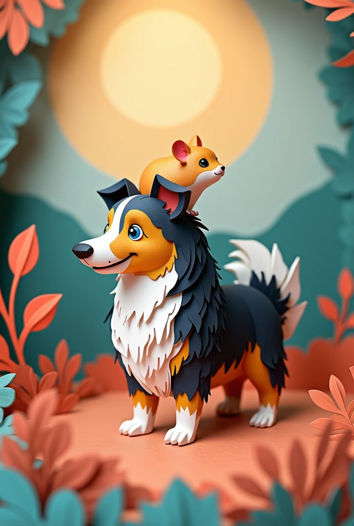 a small hamster sitting on a tricolor collie, masterpiece, all in three dimensional paper art、(Almond Shapes);1.9、(Three-dimensional paper-cut art.、colorful):1.9