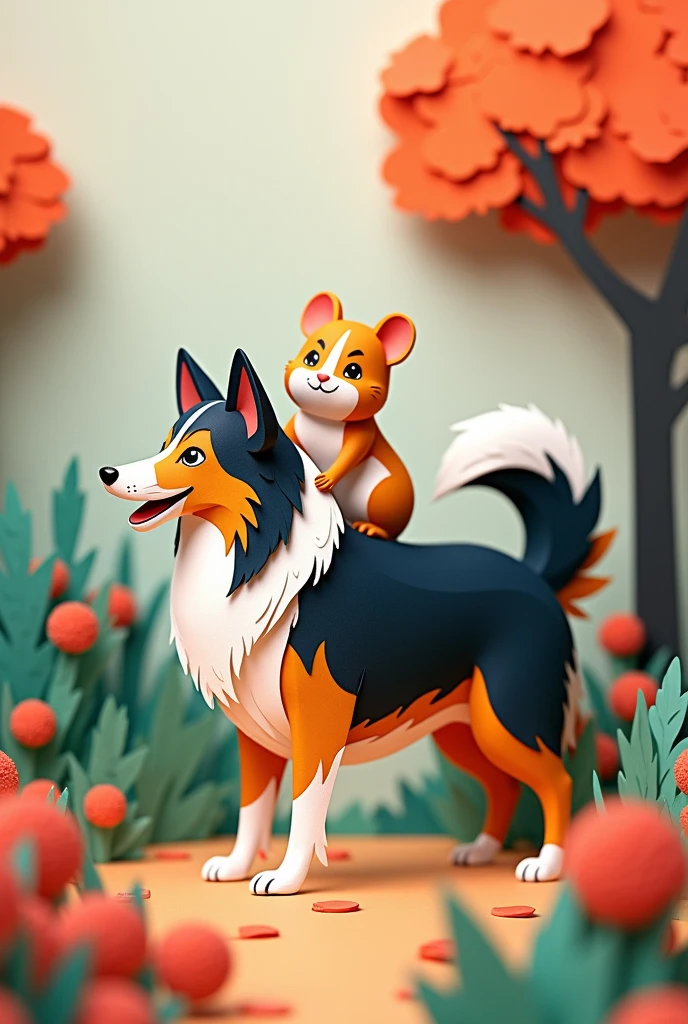 a small hamster sitting on a tricolor collie, masterpiece, all in three dimensional paper art、(Almond Shapes);1.9、(Three-dimensional paper-cut art.、colorful):1.9