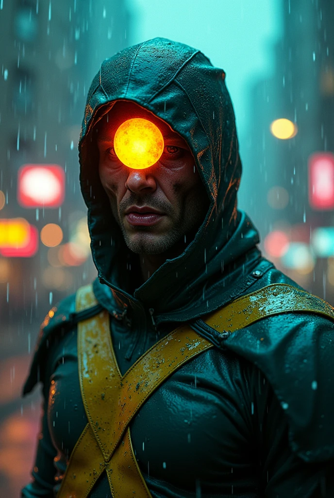 Rain, fragments, particles blender Extreme close-up face 
Actor asian Akira kaneda's cyclops creepy monstrous scary as cyclops viking traje viking Year 2099s from X-Men's filmed by ZackSnyder,cyclops dress traje semi rasgado , fighting against thugs X-men Full body , traje rasgado semi Pearl yellow black neon-infused psicodélic fragments splash Snowflakes X-shaped stripes raytracing  fashion Week , variant angles, captured with award-winning photography technique, cinematic, dark environment, bokeh, grainy, urban-xmen setting, blurry, IMAx, filmed with Kodak portrait 400, 200mm, f2.8, high resolution, teal filter.Adicione efeitos com chuva, e. Novas cores e trajes diferente em cenas imagens feita,  
