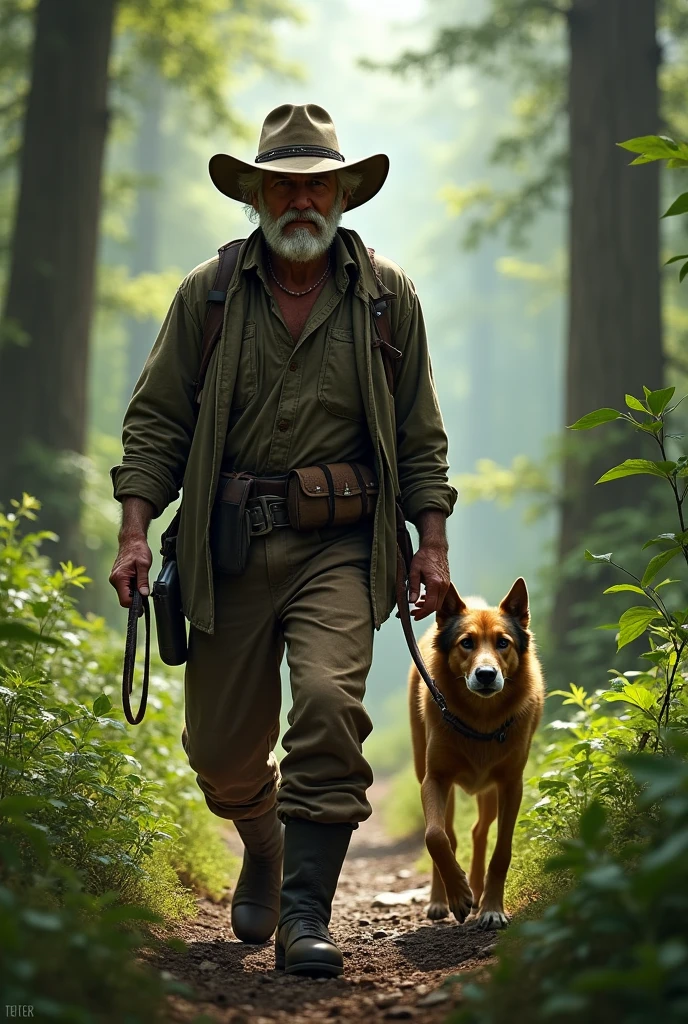 Create an image of a man in a hat in nature walking with a hunting dog