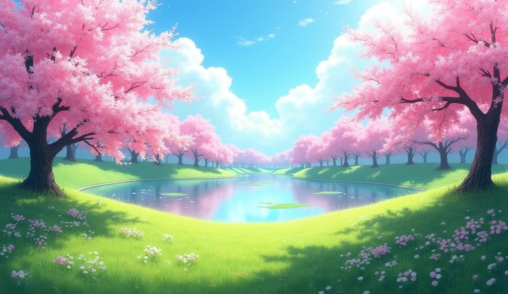 Grass and cherry blossoms Cherry trees with pink flowers dot the area. Snow days are very beautiful, with clear ponds.
