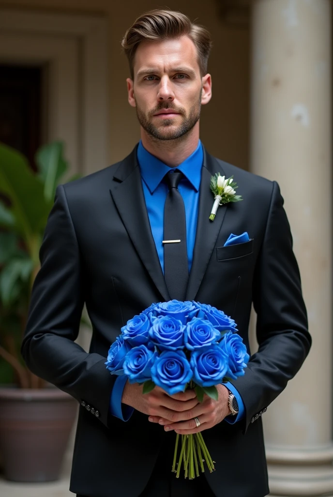 Black suit, A groom wearing a blue shirt and holding blue roses

