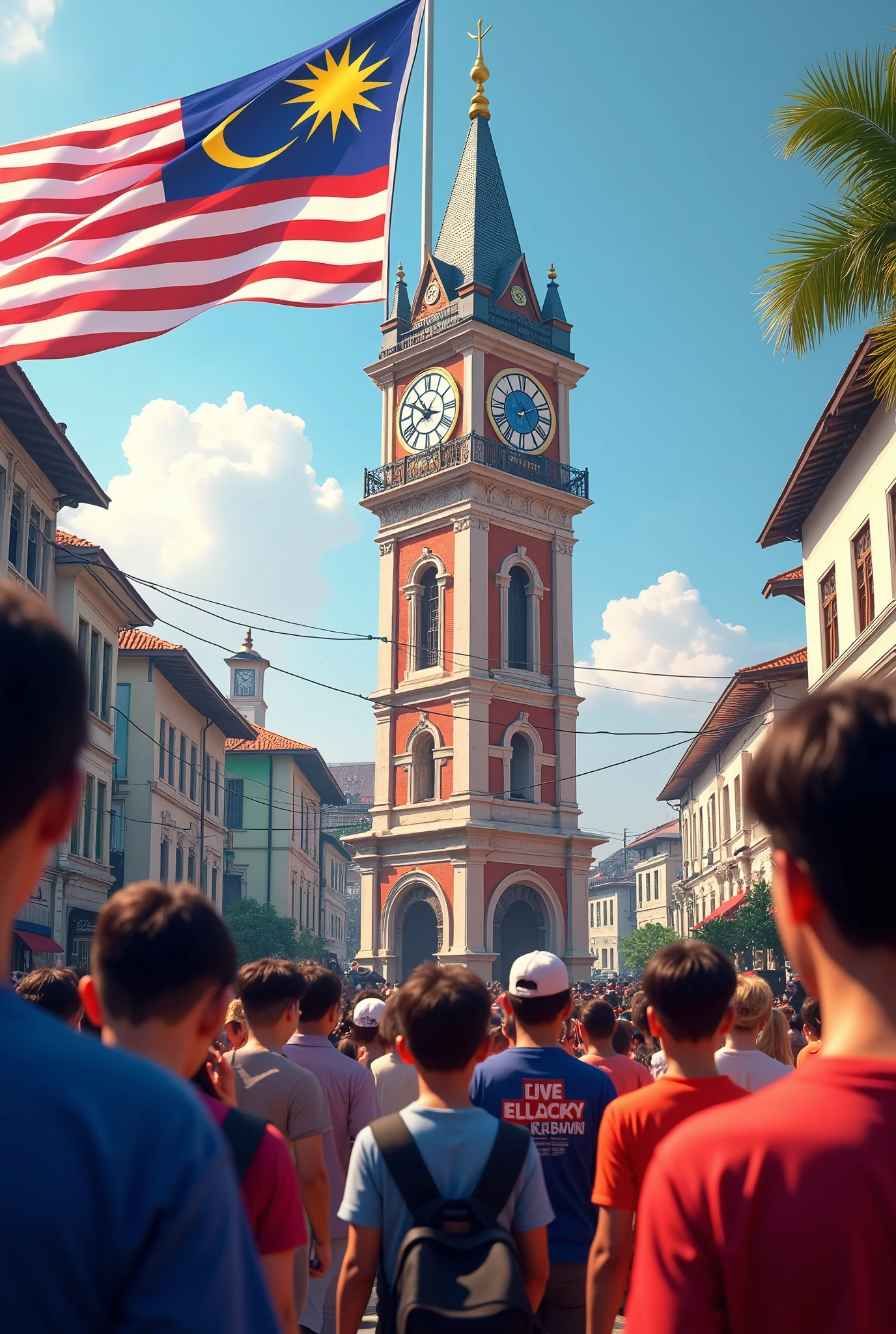 independence day malaysia, Malaysian flag , silver trench town clock tower, people wear clothes independence day logo malaysia