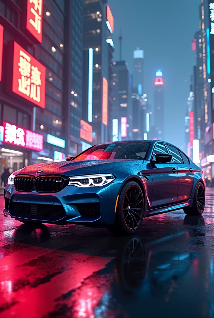 A bmw m5 in cyber city with red neon light in futuristic world