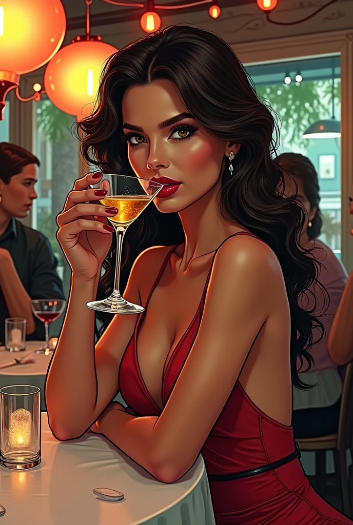 Mark Brooks' comic book style. Charming beauty drinks a martini in a trendy restaurant surrounded by attention and admiring glances, full-length film, high detail, dynamic show, detailed background, clear focus, mail art, concept art, cinematography, clarity of contours, 4K, ultra-realistic, photorealistic.